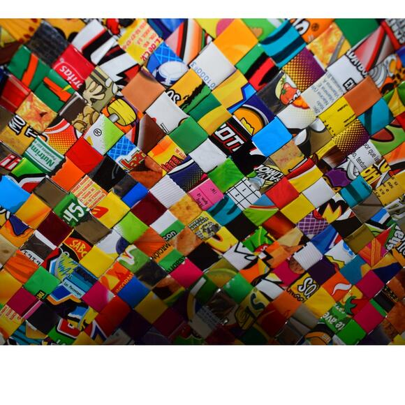 Handmade Upcycled Candy Wrapper Woven Handbag – Colorful Eco-Friendly Purse - Picture 2 of 3